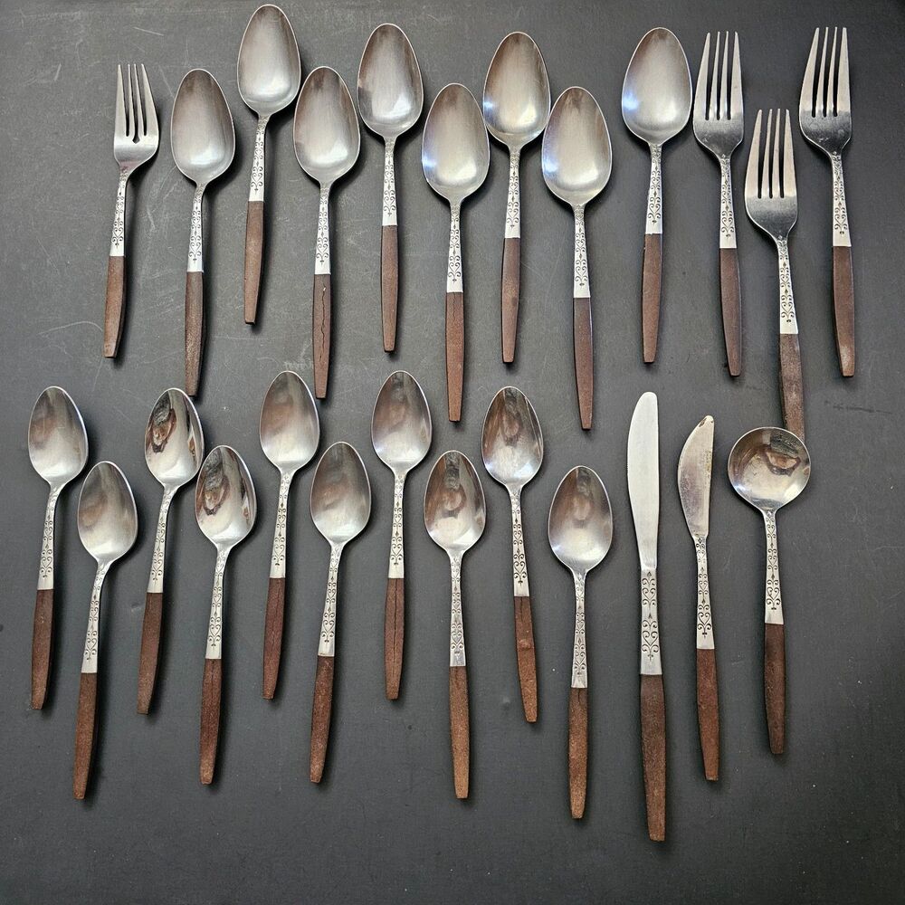 Vtg Interpur INR2 Japan Stainless Steel Faux Wood Handle Silverware Canoe 25 pcs